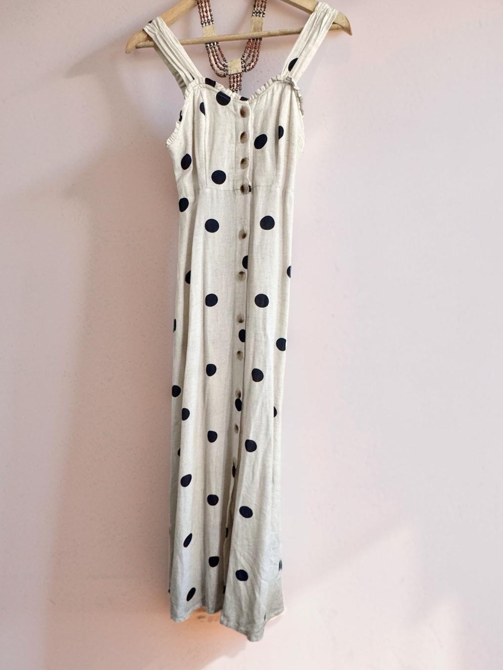 Sincerely Jules Cream PolkaDot,Button-Front,stretch waist, linen blend dress